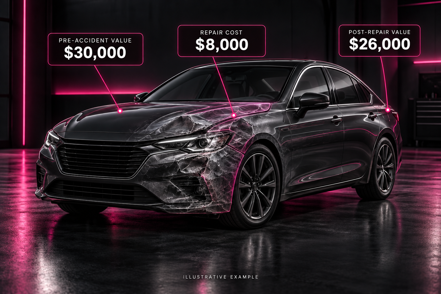Repaired vehicle with ghosted prior damage and illustrative pre-accident value, repair cost and post-repair value