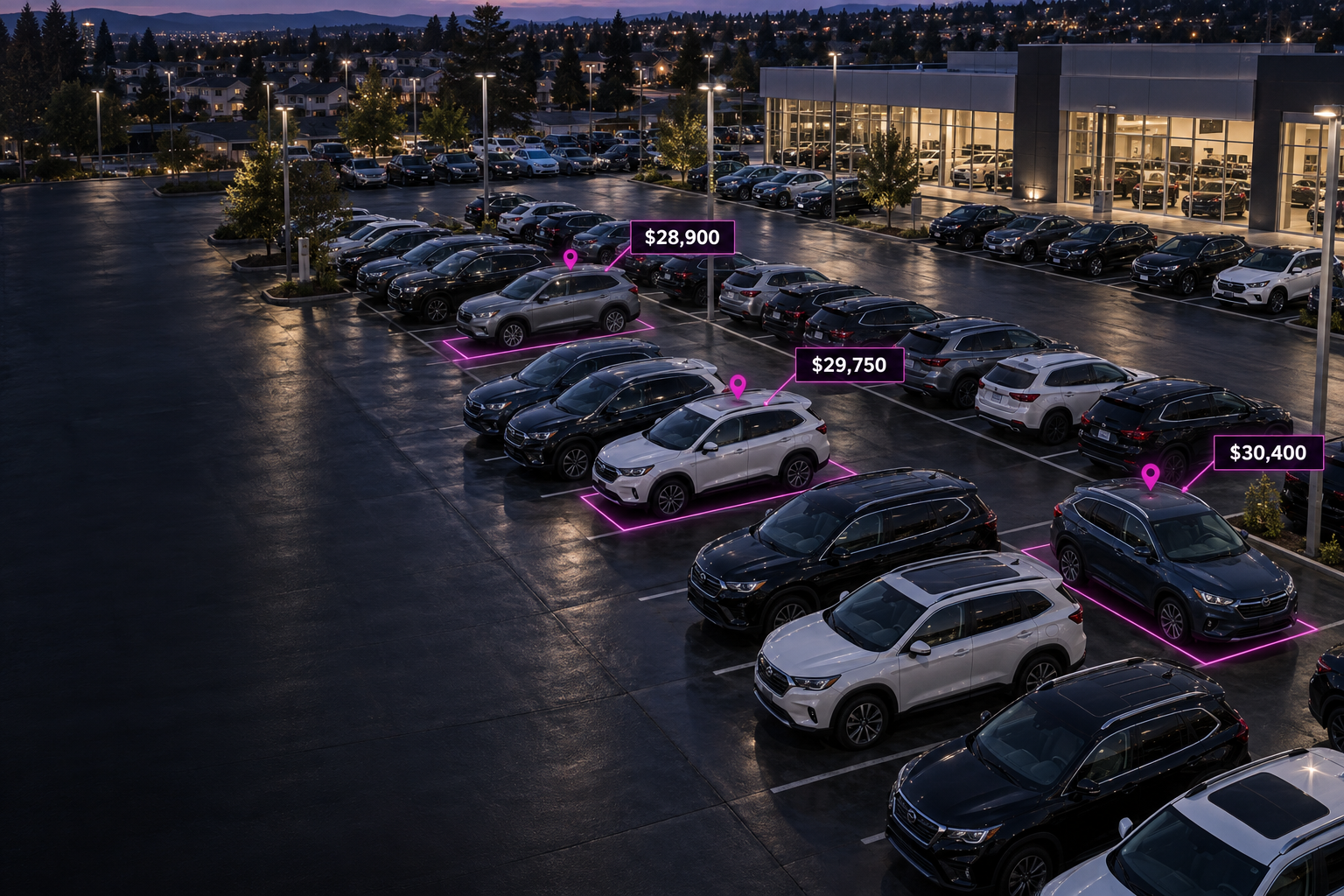 Aerial dealership lot highlighting three local comparables with illustrative market prices