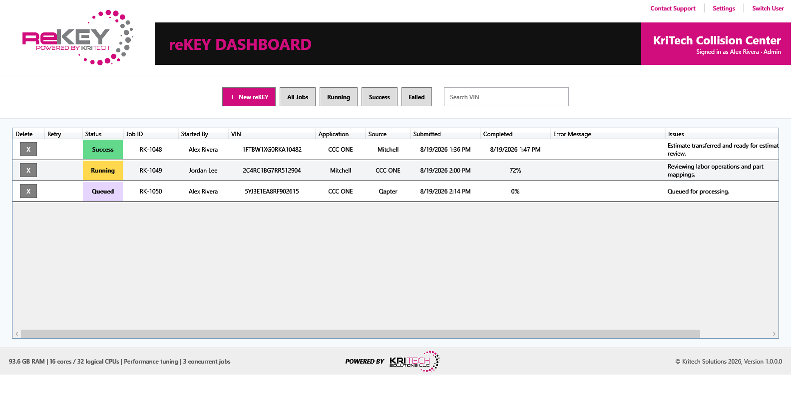 reKEY dashboard showing representative estimate-transfer jobs
