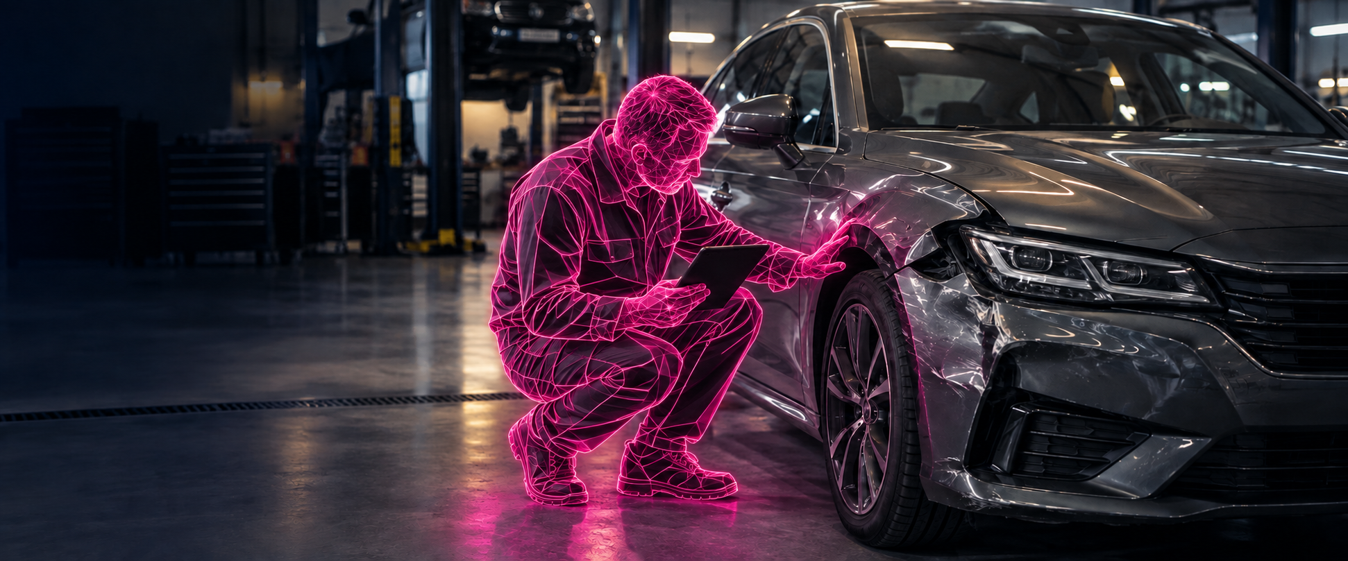 Magenta wireframe appraiser inspecting collision damage with a tablet